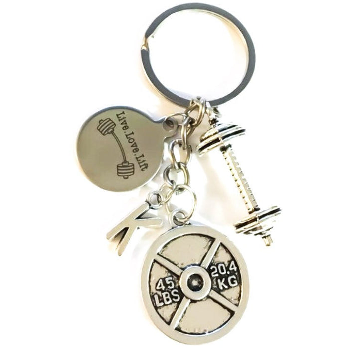 Porte-clés fitness personnalisé, « Vivre, aimer, soulever », motivation, porte-clés haltérophilie, initiale, cadeaux CrossFit, cadeaux pour coach sportif