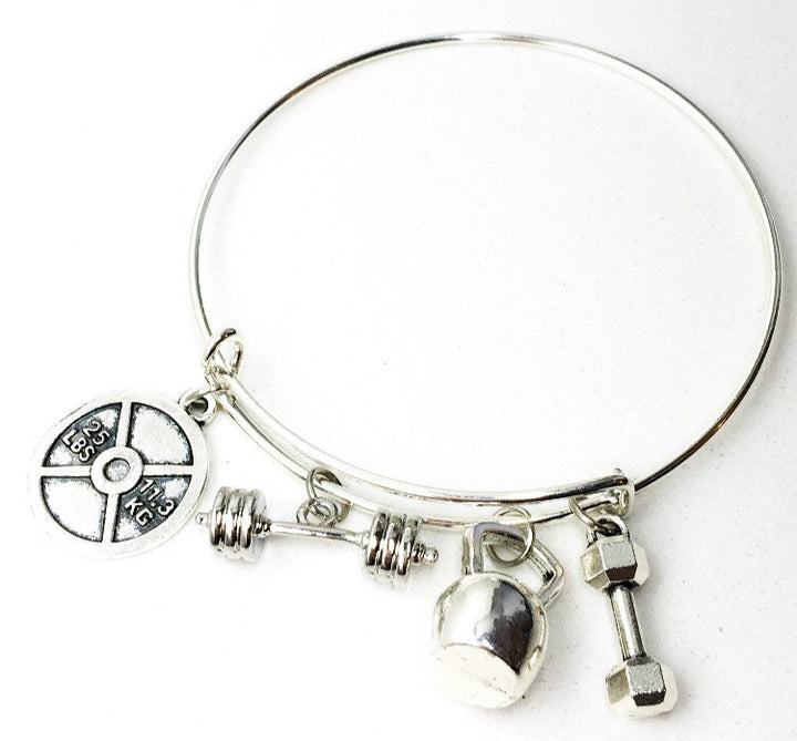 Weightlifting  Bangle Charm Bracelet, Fitness Charms, Dumbbell, Barbell, Kettlebell, Bodybuilding Gift, Gifts for Fitness Lovers, Christmas