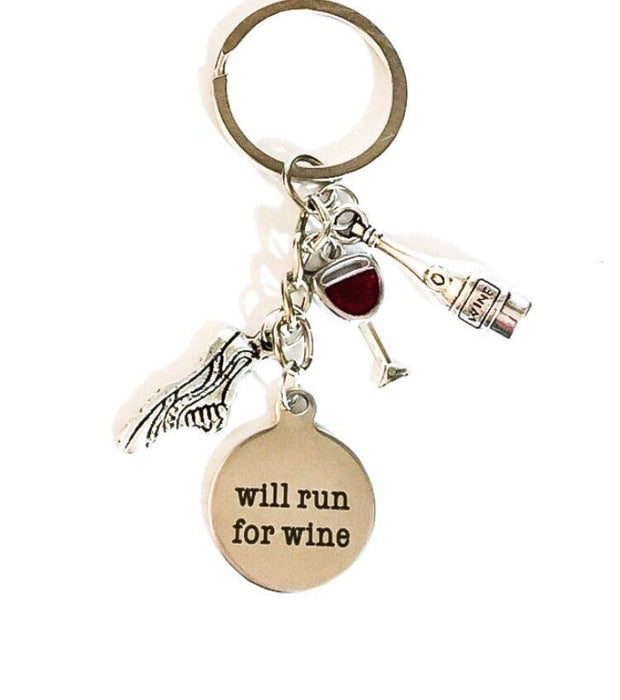 Will Run For Wine Keychain, Red Wine Glass Charm, Running Keychain, Gift for Runner, Wine Lover Gift, Gift for Friend, Secret Santa Gift