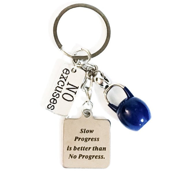 No Excuses, Fitness Keychain, Slow Progress Quote, Personal Trainer Gift, Kettlebell Charm, Motivational Keychain, Weightloss Progress Gift