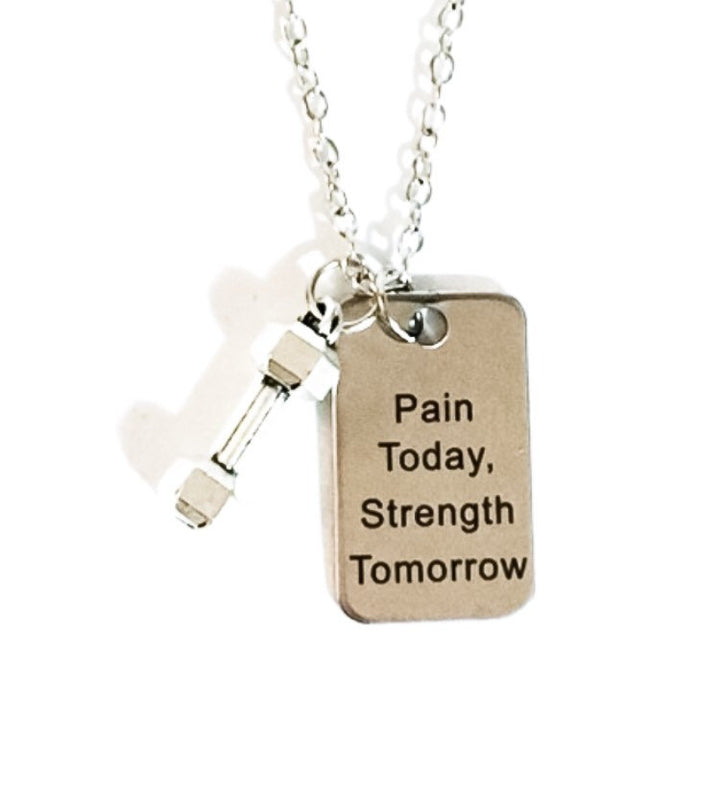 Collier avec pendentif haltère et citation fitness, bijou fitness, « La douleur d'aujourd'hui mène à la force de demain », collier inspirant, cadeau pour femme sportive