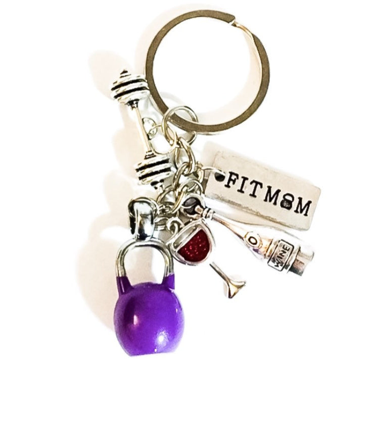 Fit Mom Keychain, Red Wine Glass Charm, Mom Keychain, Gift for Mom Friend, Wine Lover Gift, Fitness Keychain, Secret Santa Gift