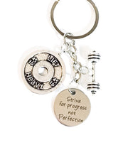 Strive for Progress Not Perfection, Fitness Keychain, Crossfit Gifts, Lift Heavy, Barbell Charm, Fitness Charms, Fitness Gifts, Holiday Gift