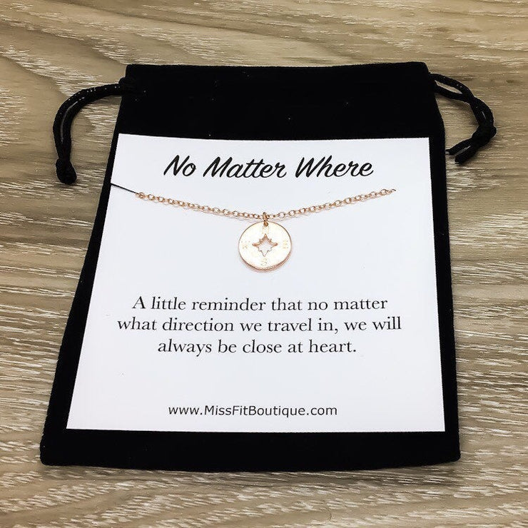 Compass Necklace with Card, No Matter Where, Friendship, Rose Gold, Silver