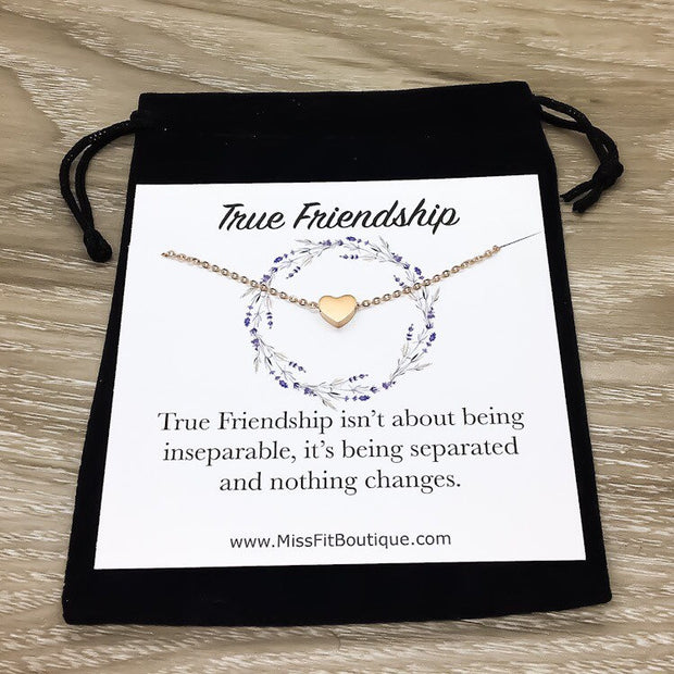 True Friendship Card, Heart Necklace, Side by Side or Miles Apart, Rose Gold, Silver