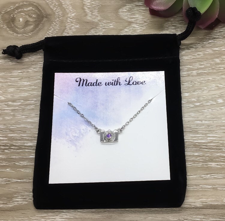 Camera Necklace, Amethyst, Sterling Silver