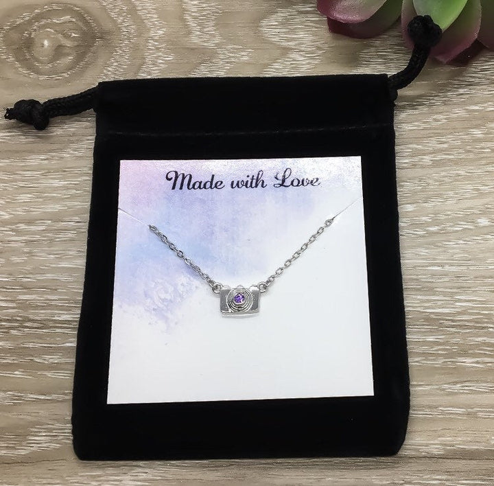 Camera Necklace, Amethyst, Sterling Silver