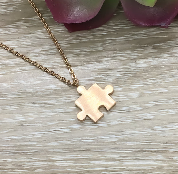 Tiny Puzzle Necklace, Rose Gold Puzzle Piece Pendant, Geometric Jewelry, Autism Awareness Gift, Minimal Necklace, Teacher’s Aid Gift