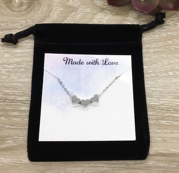 Sisters 3 Silver Hearts Necklace, Side by Side or Miles Apart Card, Silver