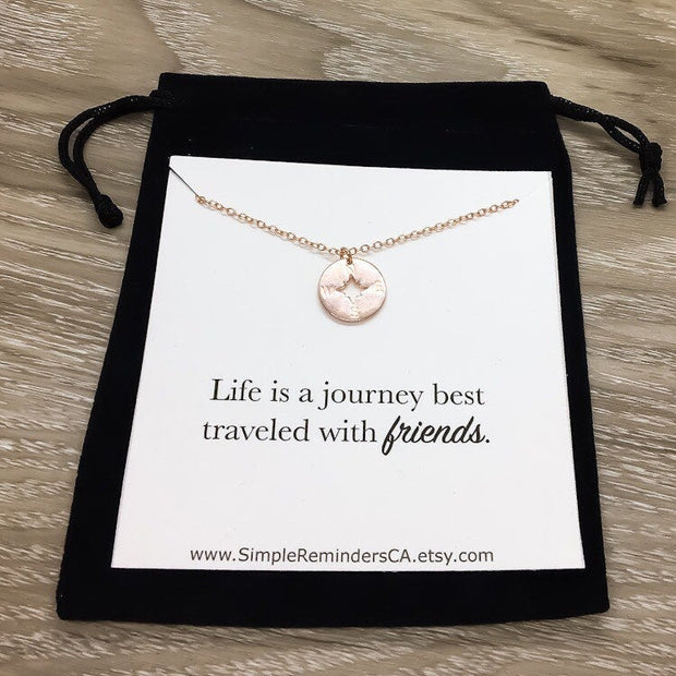 Compass Necklace, Friendship Quote Card, Rose Gold, Silver, Gold