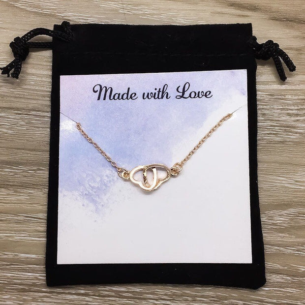 Sisters Side by Side or Miles Apart Card, Double Hearts Necklace, Rose Gold, Silver