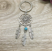 Dreamcatcher Keychain, Boho Keychain, Turquoise Bead, Feather Charms, Hippy Gift, Bohemian Keyring, Spiritual Keychain, Gift for Friend