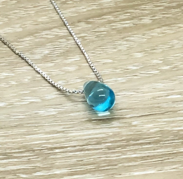 Dainty Blue Tear Drop Necklace, Water Drop Pendant, Sterling Silver