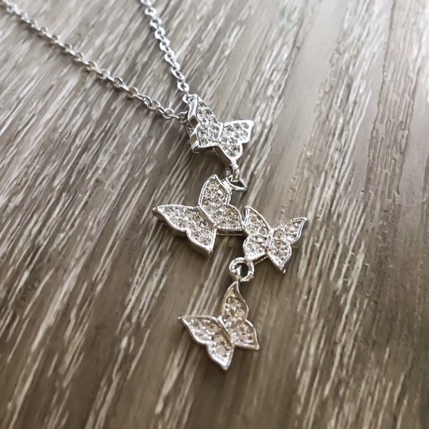 Silver Butterfly Necklace Cubic Zirconia, Dainty Insect Necklace, Beautiful Dangling Necklace, Inspirational Jewelry, Friends Necklace