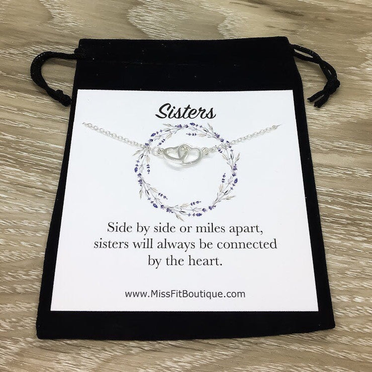 Sisters Side by Side or Miles Apart Card, Double Hearts Necklace, Rose Gold, Silver