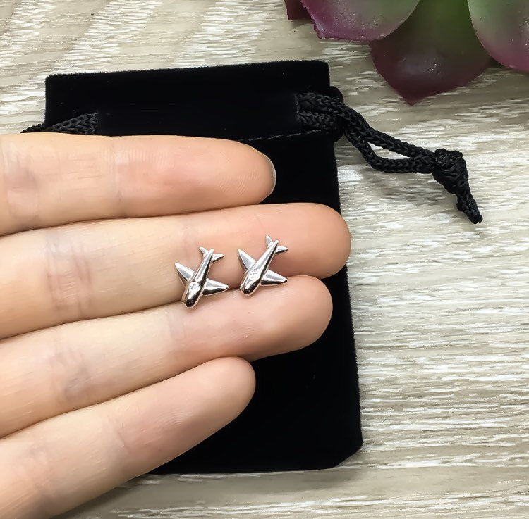 Tiny Airplane Earrings, Sterling Silver Stud Earrings, Minimalist Jewelry, Gift for Traveler, Travel Gifts, Gift for Flight Attendant