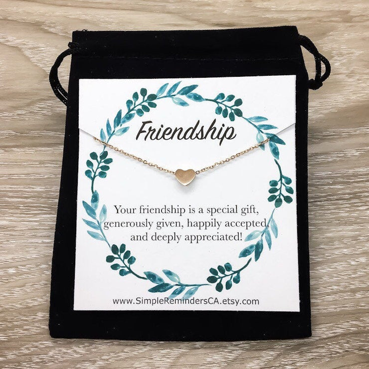 Friendship Quote card, Heart Necklace, Rose Gold, Silver, Gold