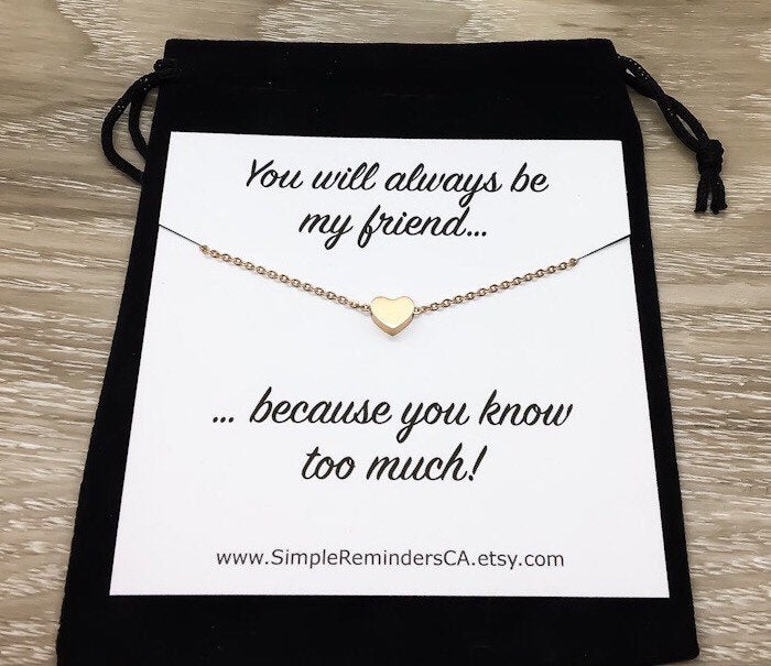 Friendship Quote Card, Heart Necklace, Rose Gold, Silver, Gold