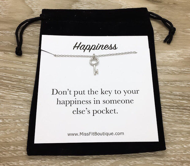 Tiny Key Necklace, Happiness Quote Card, Inspirational Jewelry, Best Friend Gift, Minimalist Jewelry, Simple Reminder, Gift for Sad Friend