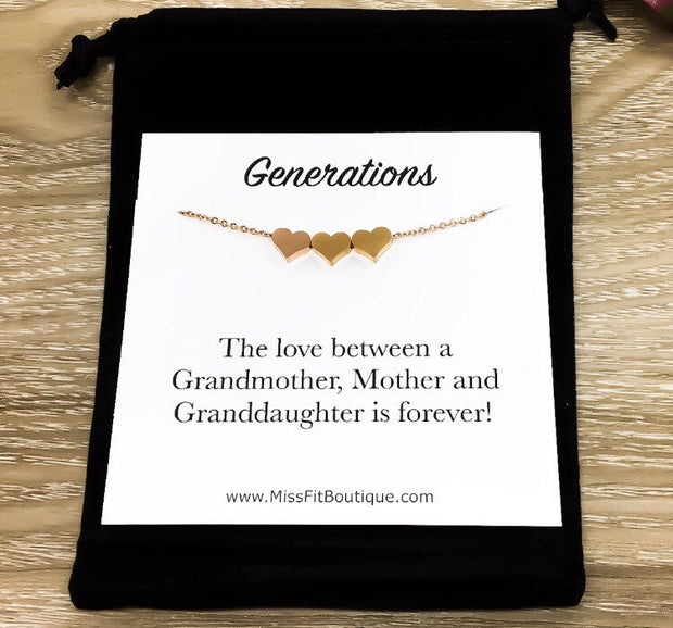 Tiny 3 Hearts Necklace with Card, Dainty Three Heart Necklace, Three Generations Gift, Grandmother Necklace, Gift from Granddaughter, Family