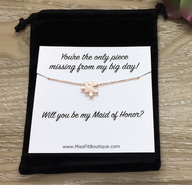 Maid of Honor Proposal Puzzle Necklace, Will You Be My Card, Rose Gold, Silver