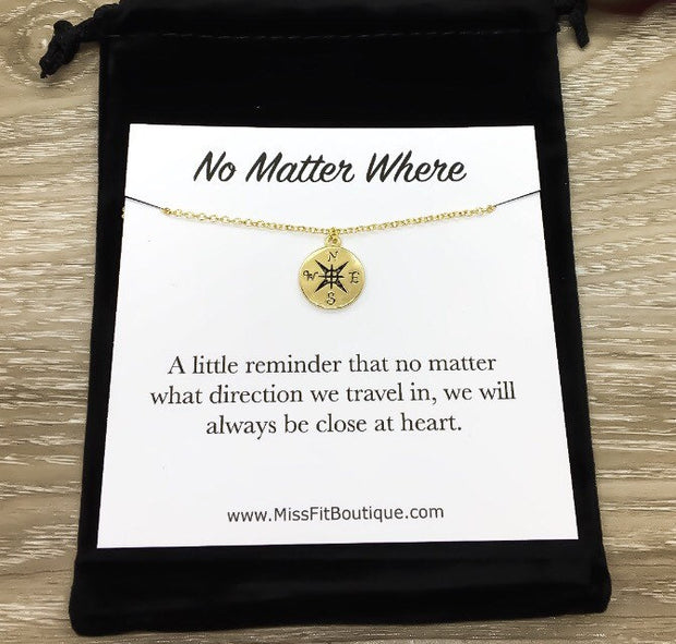 Compass Necklace with Card, No Matter Where, Friendship, Gold, Silver