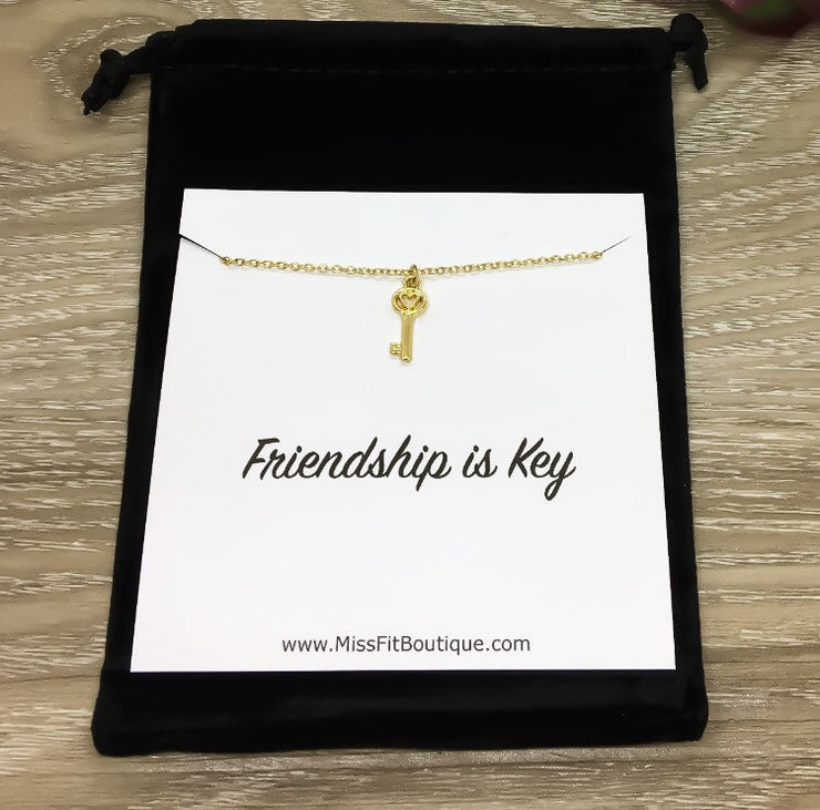 Friendship is Key Card, Heart Shaped Key Necklace Gold, Dainty Key Pendant, Gift for Friend, Birthday Gift, Minimal Jewelry, Mini Key Charm