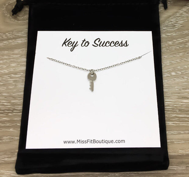 Key to Success Card, Tiny Silver Key Necklace, Gift for Student, Friendship Necklace, Key Shaped Pendant, Skeleton Key Charm, Student Gift