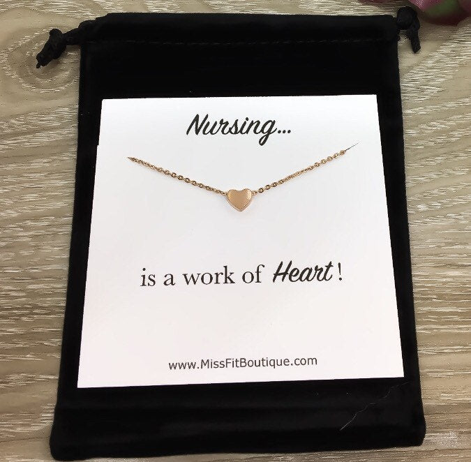 Nursing is a Work of Heart Card, Tiny Heart Necklace, Rose Gold, Silver, Gold