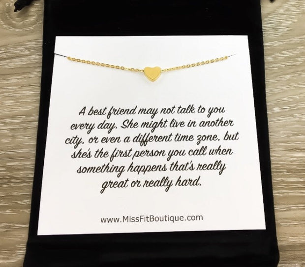 Long Distance Friend Card, Tiny Heart Necklace, Rose Gold, Silver, Gold