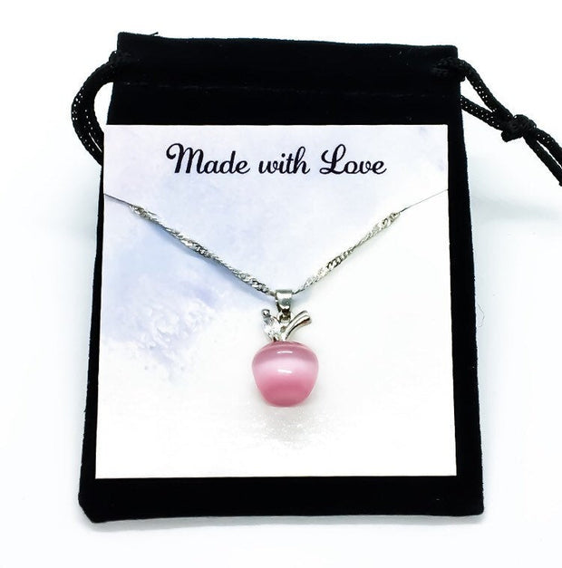 Teacher, Apple Opal Necklace with Card, White, Pink, Red