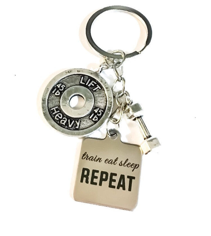 Porte-clés Mantra Fitness, S'entraîner, Manger, Dormir, Recommencer, Soulever lourd, Breloque Haltère, Cadeaux Fitness, Cadeaux pour les passionnés de gym, Porte-clés de gym, Coach de fitness