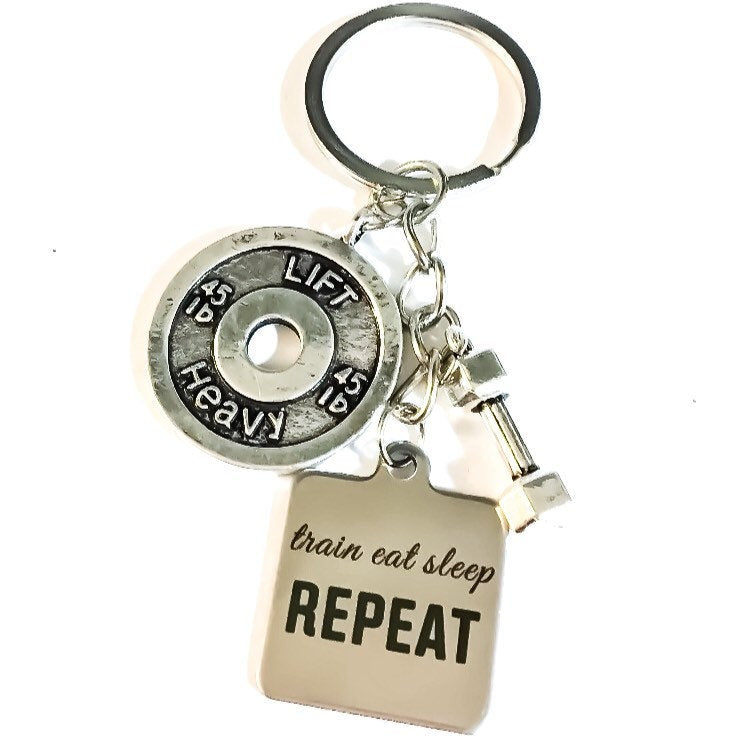 Porte-clés Mantra Fitness, S'entraîner, Manger, Dormir, Recommencer, Soulever lourd, Breloque Haltère, Cadeaux Fitness, Cadeaux pour les passionnés de gym, Porte-clés de gym, Coach de fitness