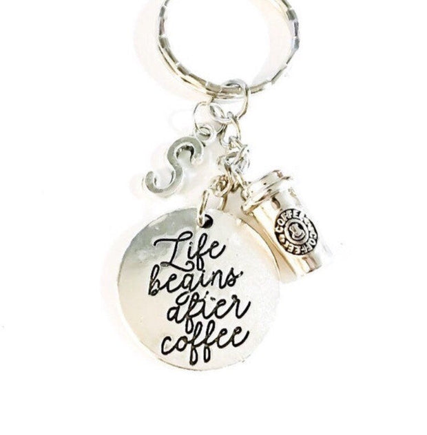 Life Begins After Coffee, Custom Coffee Keychain, Gift for Coffee Lovers, Coffee Addict Gifts, Coffee Keychain, Initial,  Christmas Gifts