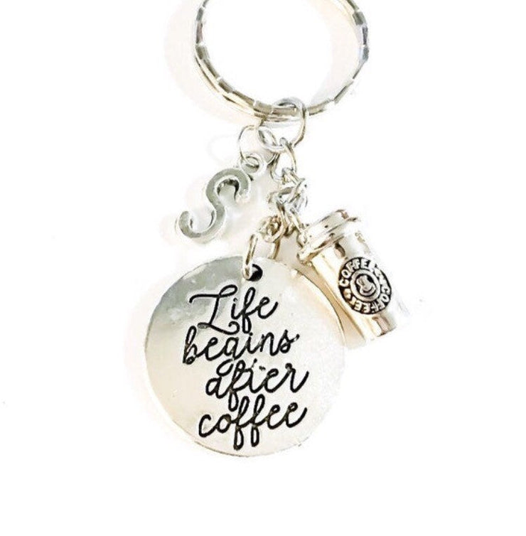 Life Begins After Coffee, Custom Coffee Keychain, Gift for Coffee Lovers, Coffee Addict Gifts, Coffee Keychain, Initial,  Christmas Gifts