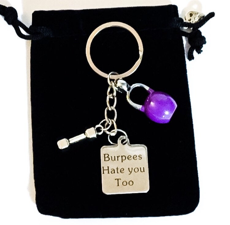 Burpees, Fitness Keychain, Kettlebell Charm, Personal Trainer Gift, Dumbbell Charm, Weightlifting Keychain, Weightloss Motivation, Quotes