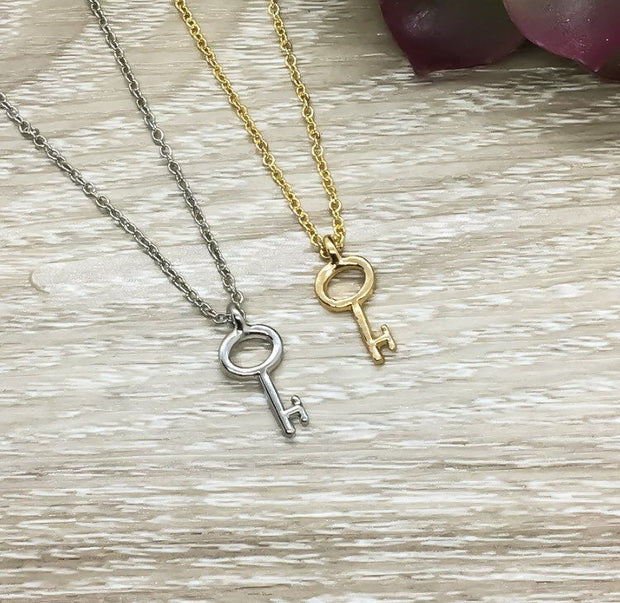 Tiny Key Necklace, Minimalist Jewelry, Skeleton Key Pendant, Friendship Necklace, BFF Gift, Simple Reminders Jewelry, Best Friend Necklace