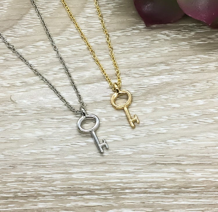 Tiny Key Necklace, Minimalist Jewelry, Skeleton Key Pendant, Friendship Necklace, BFF Gift, Simple Reminders Jewelry, Best Friend Necklace