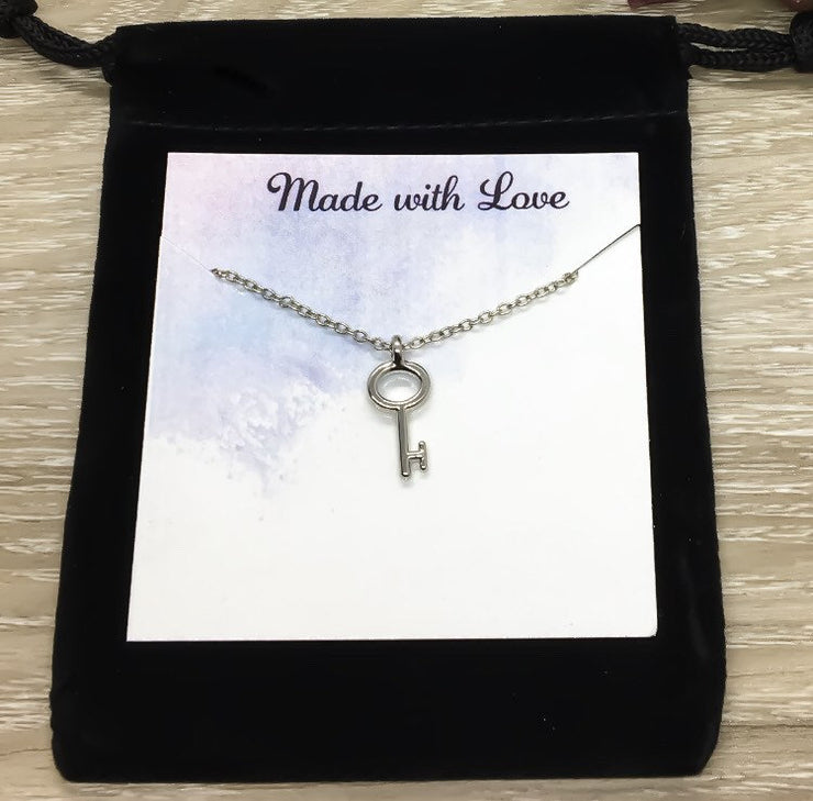 Teacher Appreciation Card, Tiny Key Necklace, Gold, Silver