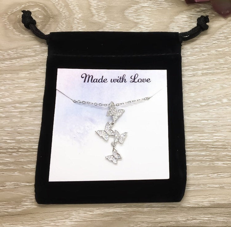 Silver Butterfly Necklace Cubic Zirconia, Dainty Insect Necklace, Beautiful Dangling Necklace, Inspirational Jewelry, Friends Necklace