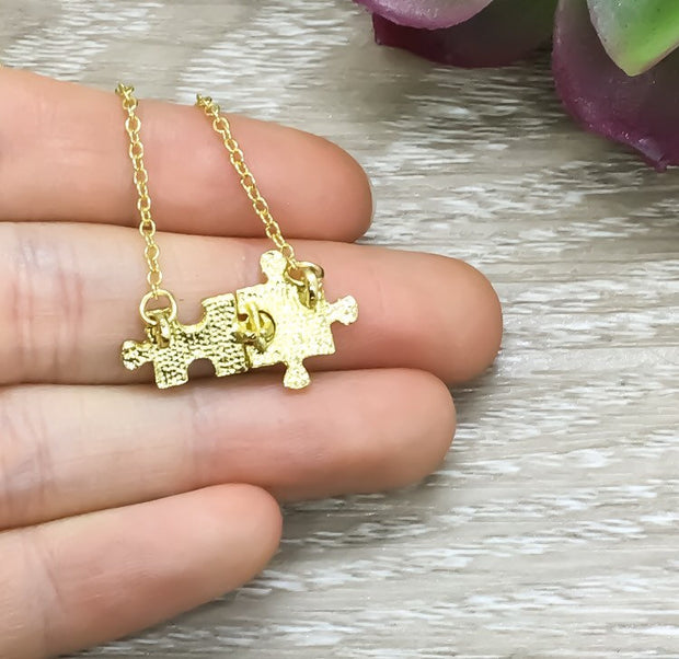Autism Awareness Gift, Tiny Double Puzzle Necklace, Minimalist Jewelry, Dainty Jigsaw Puzzle Pendant, Mother Gift, Holiday Gift for Mom