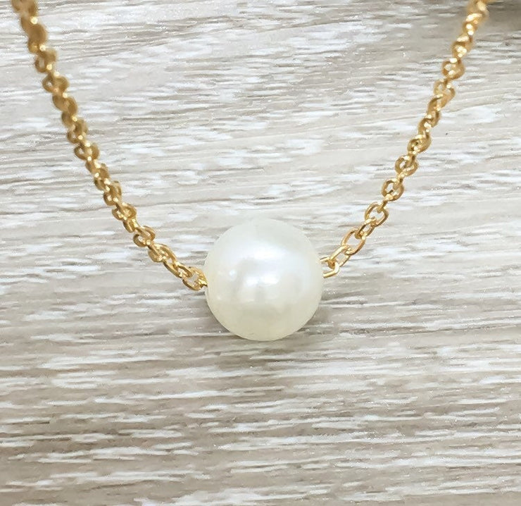 Floating Pearl Necklace, Silver, Dainty Pearl Pendant, Bridesmaid Gift, Friendship Necklace, BFF Gift, Gift for Mom, Bridal Jewelry
