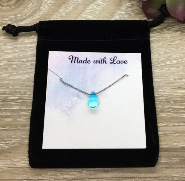 No Flowers Without Rain Card, Tiny Blue Tear Drop Necklace, Strength Gift, Water Drop Jewelry, Gift for Daughter, Uplifting Gift for Her