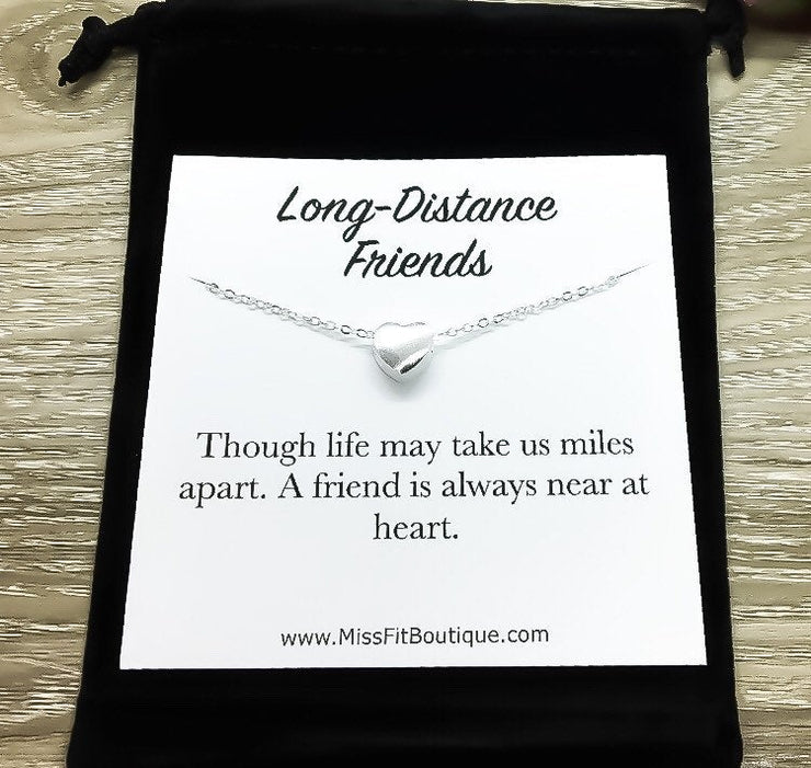 Long Distance Friends Quote Card, Heart Necklace, Sterling Silver