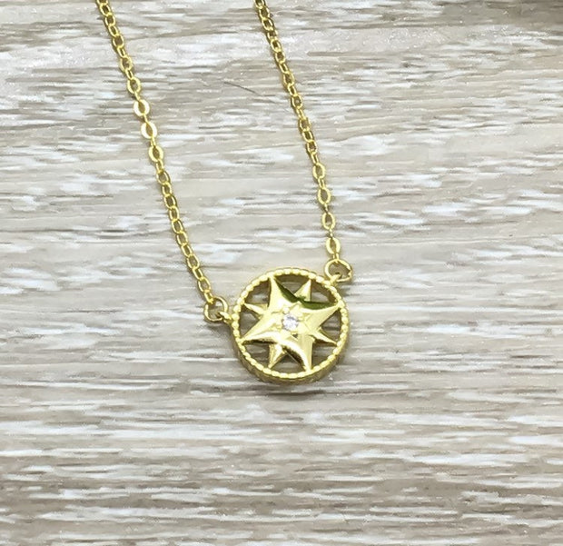 Tiny Gold Compass Necklace, Sterling Silver Pendant