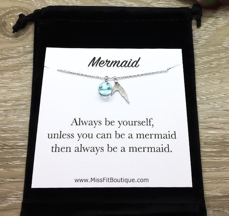 Be Yourself Card, Mermaid Tail Necklace, Sterling Silver, Blue Crystal