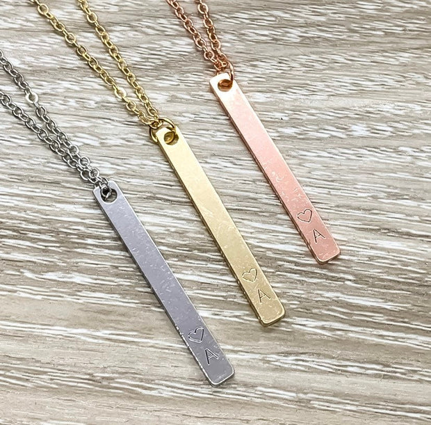 Vertical Bar Initial Necklace, Long Square Silver Rose Gold Name Initial Heart Necklace, Monogram Pendant, Personalized Initial Jewelry