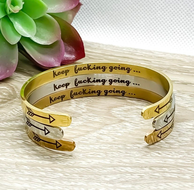 Keep Going Bangle, Mature Friendship Gift, Bridesmaid Gift, Hidden Message Bracelet, Gift for Friend, Mantra Bracelet, Minimal Cuff Bangle