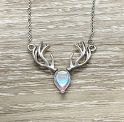 Reindeer Necklace, Dainty Moonstone Pendant, Moose Necklace, Deer Antler Jewelry, Stag Necklace, Winter Jewelry, Christmas Gift for Her