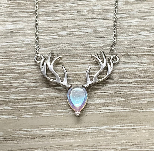 Reindeer Necklace, Dainty Moonstone Pendant, Merry Christmas Card, Moose Necklace, Deer Antler Jewelry, Stag Necklace, Winter Jewelry